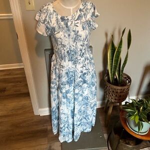 Sweet Wanderer blue and White smocked Maxi Sundress